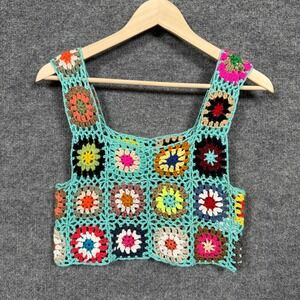 Womens Size Small Crop Top Blue Open Crochet Patchwork Hippie Boho 70s Floral